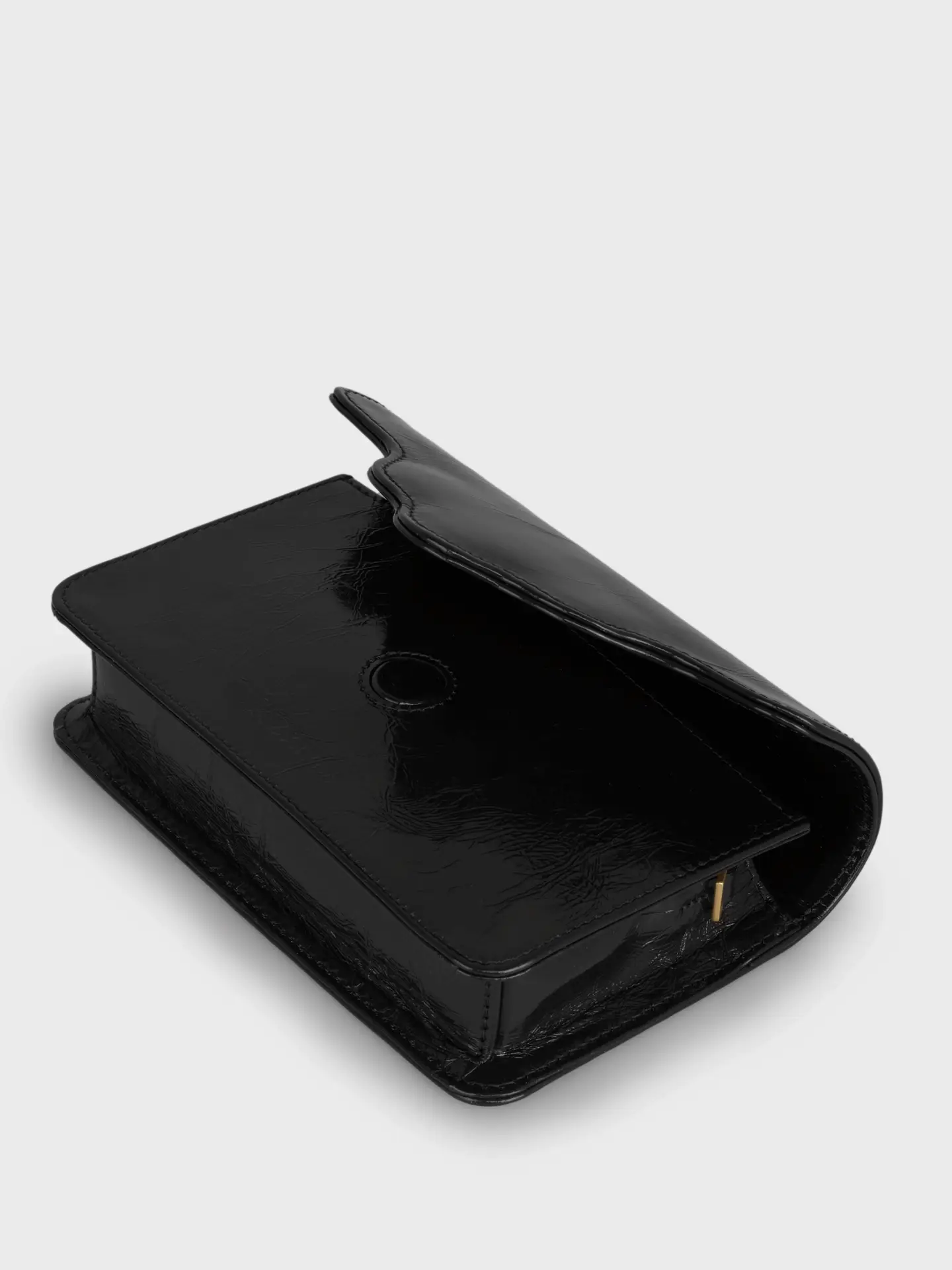 Black patent satchel, open flap